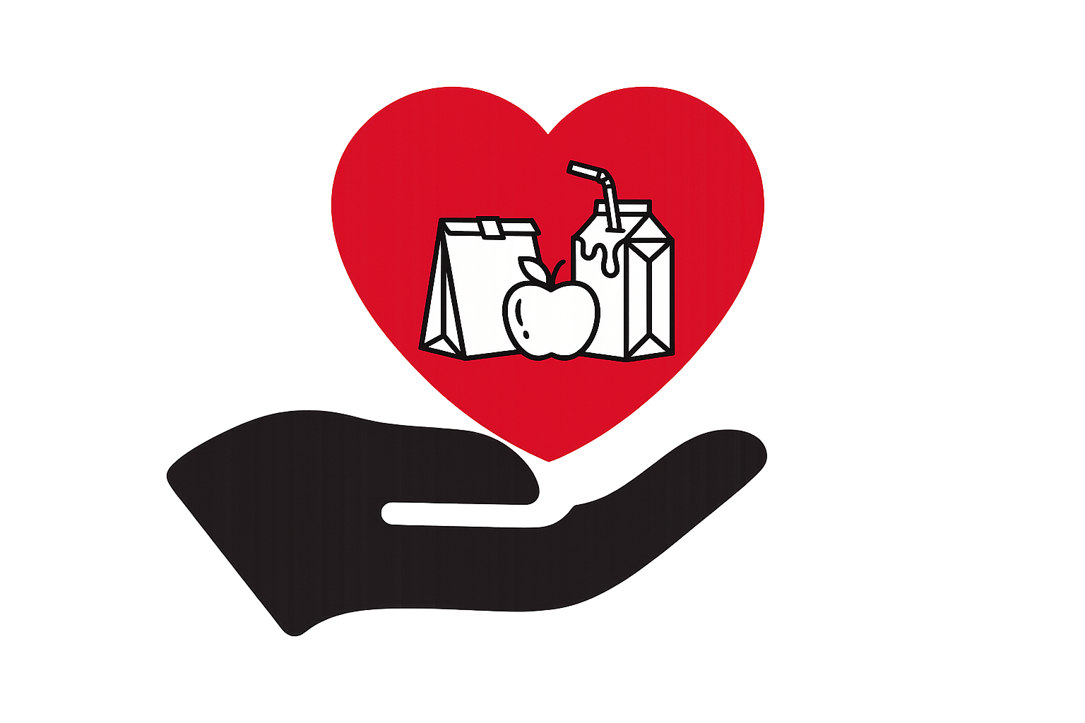 A hand holding a heart filled with a lunch bag, apple, and drink